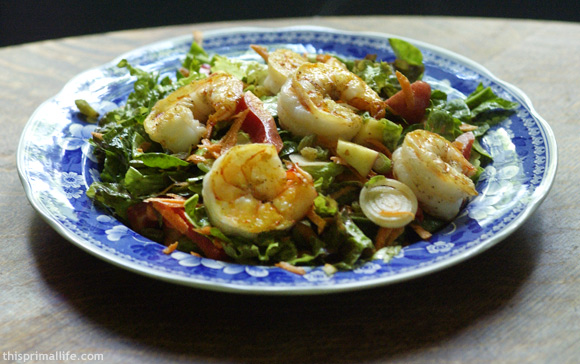 Spring Salad with Creamy Curry-Lime Dressing and Seared Shrimp