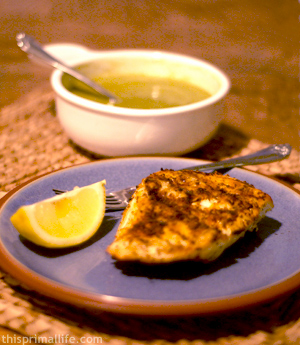 Grilled halibut with asparagus soup